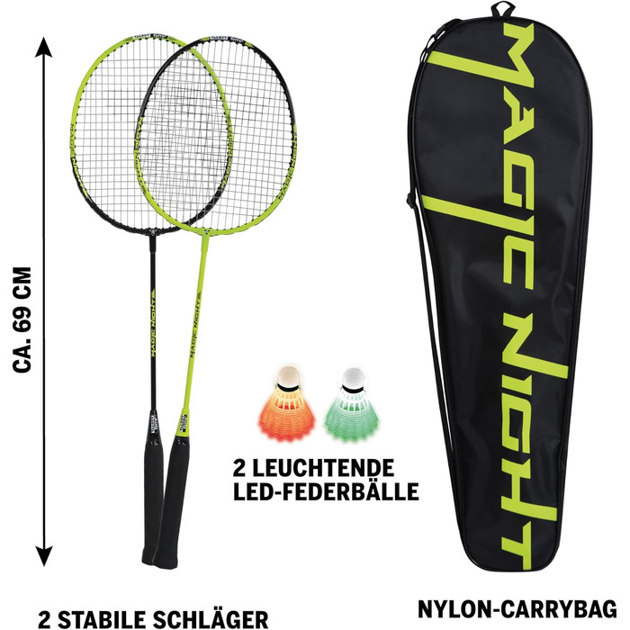 Набір для бадмінтону Talbot Torro Magic Night: 2 ракетки, 2 світлодіодні волани для гри вночі, у якісній сумці