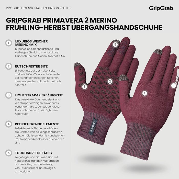 Велосипедні рукавички GripGrab Primavera 2 Merino з термоматеріалом та сенсорним екраном, XL/XXL, темно-червоні