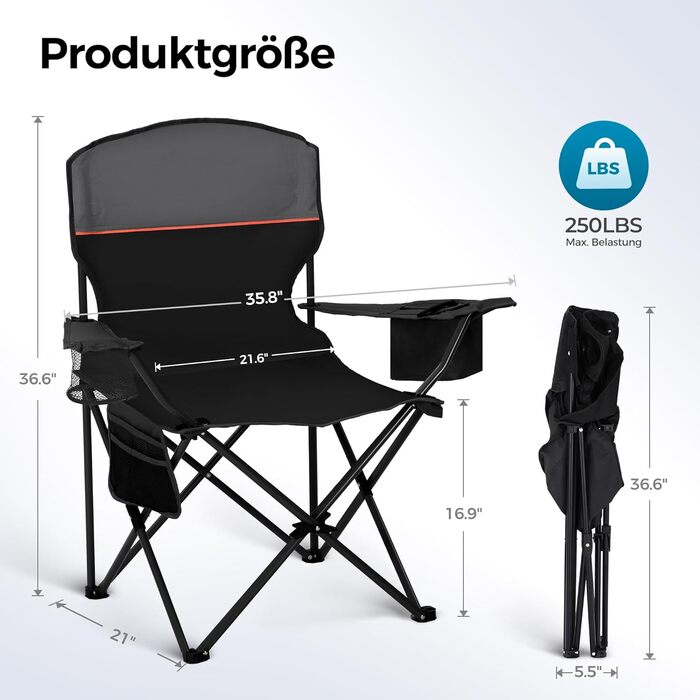 Набір з 2 шт. складаних стільців для риболовлі та відпочинку на природі High Point Sports, до 120 кг, з підстаканником та відділенням для охолодження, чорний