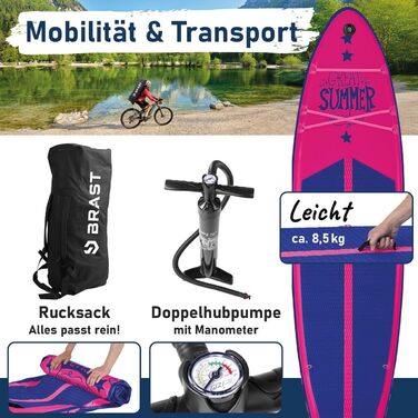 SUP дошка BRAST Summer надувна, 320x81x15 см, рожева: комплект з аксесуарами (рюкзак, весло 2-в-1, сидіння для каяка, тримач для екшн-камери, ліш)
