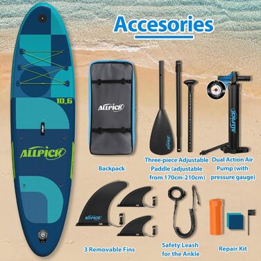 ALLPICK Преміум SUP-набір 320 см – надувна дошка для веслування стоячи з універсальним кріпленням для камери, повний комплект аксесуарів, для дітей і дорослих, для початківців і досвідчених, до 150/180 кг