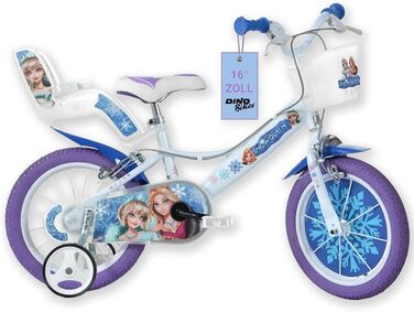 Дитячий велосипед Dino Bikes Холодне Серце для дівчаток, знімні додаткові колеса, кошик і тримач для ляльки, регульоване сидіння та кермо, біло-блакитний, від 2 років