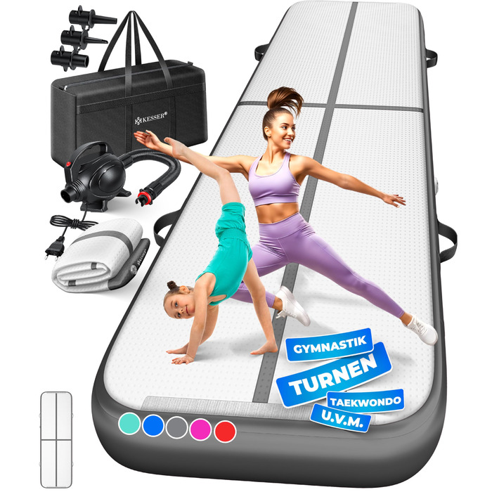 Кимоно гімнастичне надувне KESSER Airtrack 300x100x10 см + насос електричний | Мат для фітнесу, йоги, акробатики | Сірий антрацит