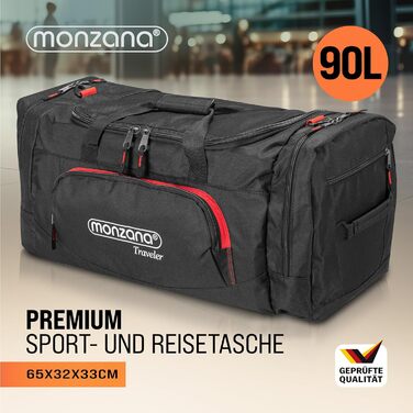 Спортивна та дорожня сумка MONZANA 90 л з відділенням для взуття та вологих речей, водовідштовхувальна, чорна, 65x32x33 см, з плечовим ременем, тижневик для фітнесу