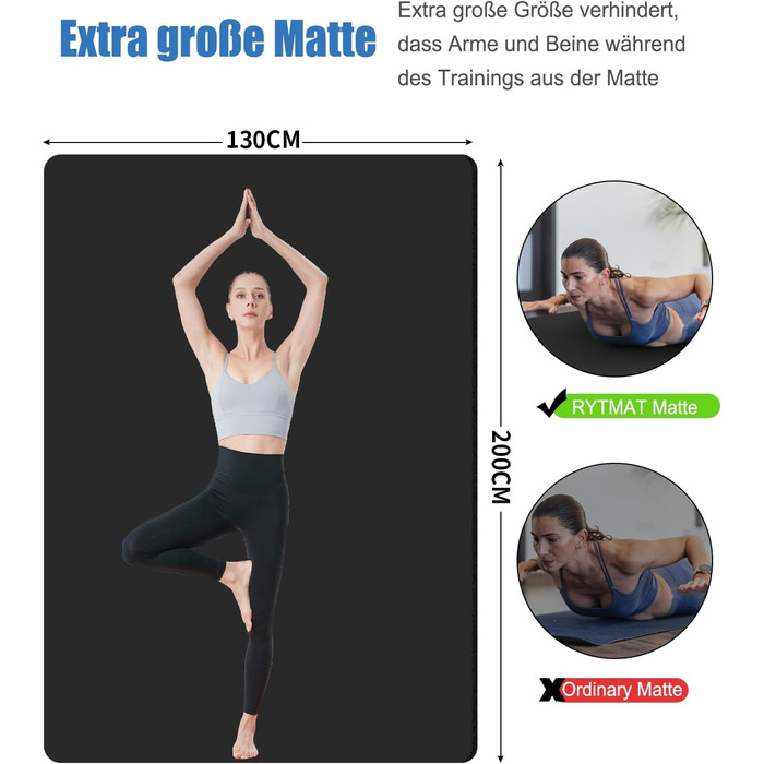 Йога мат XXL 200x130см: фітнес мат для йоги, фітнесу, занять з дітьми та для людей похилого віку. Товщина 20/15/10 мм, матеріал NBR, зелений/чорний колір