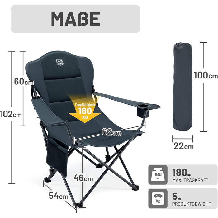 Складний крісло-шезлонг для кемпінгу Timber Ridge - 180 кг, 3 положення, широке сидіння 62 см, з підстаканником