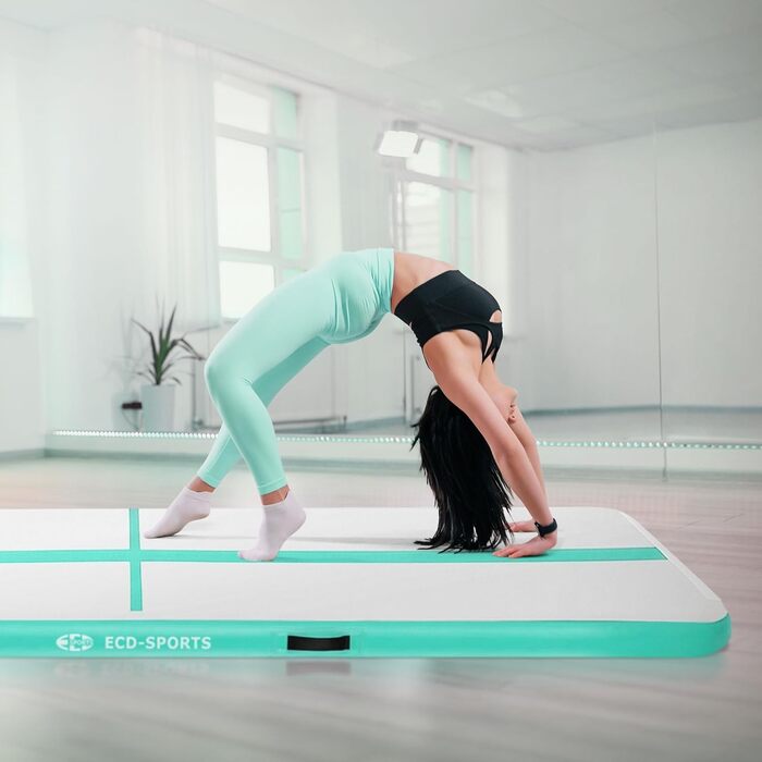 Гимнастичний мат Airtrack ECD Germany для тумблінгу та фітнесу, надувний мат для спорту та йоги з електричним насосом та сумкою, м'ятно-зелений (400 x 100 x 10 см)
