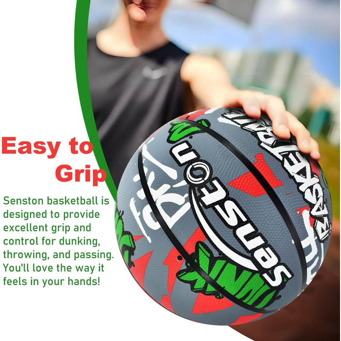 Баскетбольний м'яч Senston, розмір 7, з насосом, для вулиці, антиковзаюча поверхня, відмінне зчеплення (Сірий/Червоний)