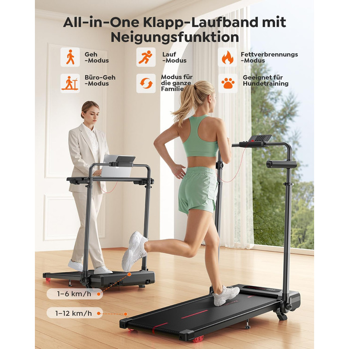 Складана бігова доріжка для дому з нахилом 7%, Walking Pad до 12 км/год, з регульованим поручнем та знімним робочим столом, двигун 3.0 к.с., керування через додаток та пульт, червоно-чорна