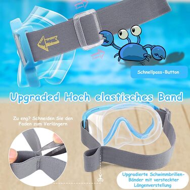 Дитячі маски для снорклінгу Vvinca: маска для плавання з тканинним ремінцем, 180° панорама, анти-тік, для дітей 3-13 років (блакитний)