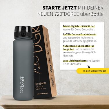 Пляшка для води 720°DGREE 'uberBottle' з ситечком, Tritan, 500 мл, чорна матова - для спорту, школи, фітнесу, велосипеда, дітей