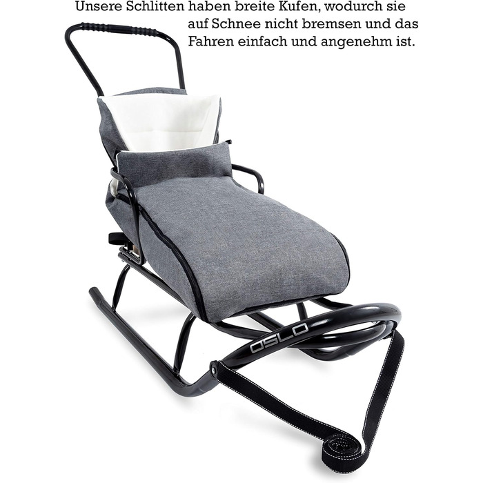 Металевий санний Oslo з підніжкою, ременями безпеки, ручкою для штовхання та мішком для ніг. Ідеальний для дітей та дорослих. Максимальне навантаження 120 кг. Колір: сірий