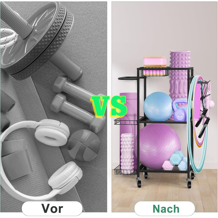 Стійка для зберігання спортивного обладнання Smusei: 3 яруси, металева, з роликами та 8 гачками. Підходить для йог-матів, гантелей, гир, кульок та іншого. Чорний колір.