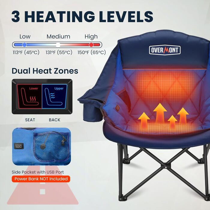 Обідній стілець для кемпінгу OVERMONT з підігрівом XL, розкладний, для відпочинку на природі, риболовлі, блакитний