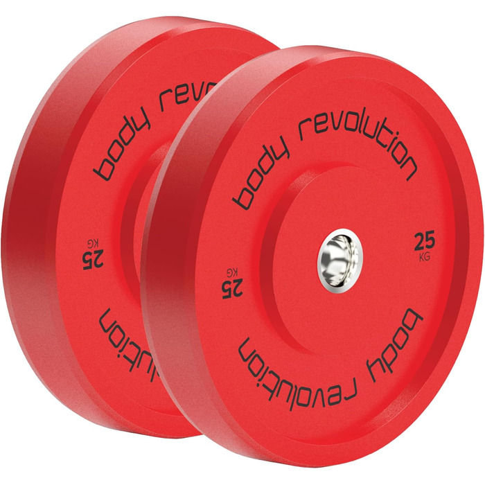 Олімпійські диски Body Revolution з гумовим покриттям, кольорові, 5,1 см, для штанги і кросфіту (1,25–25 кг)
