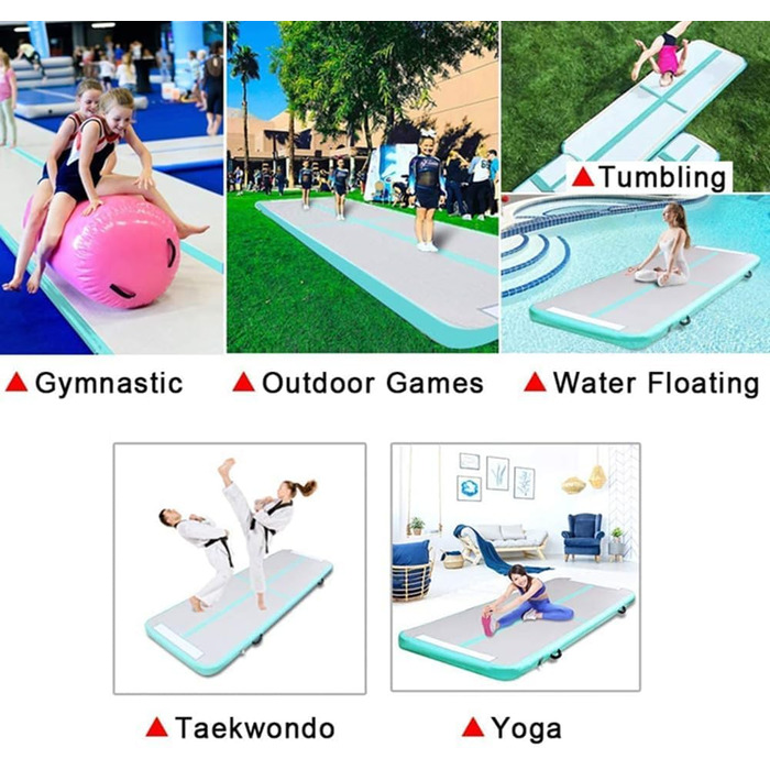 Air Track 6м для гімнастики та йоги з електричним насосом, килимок для тренувань 600x100x10см, зелений, водовідштовхувальний