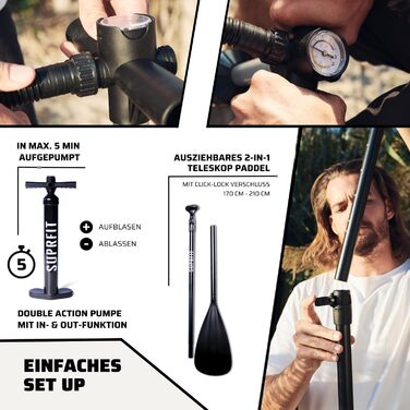 SUPRFIT Надувний SUP Борд для Станд-Ап Падлінгу, Комплект, 330 x 78 x 15 см, до 140 кг, Сірий/Чорний