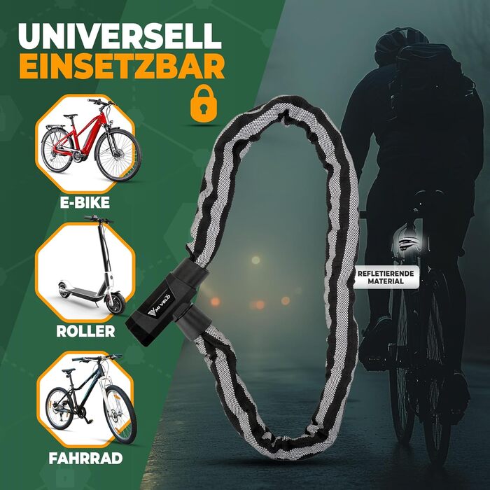Замок для велосипеда MIVELO Kettenschloss: висока безпека, 100 см, сталь 8 мм, з ключем та LED-ліхтариком | Захист для E-bike, MTB, шосе