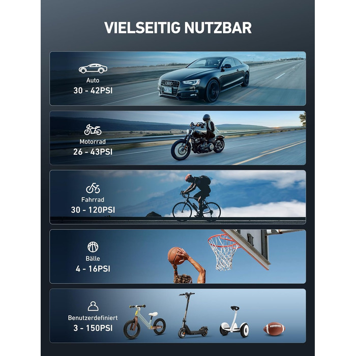 AstroAI Бездротова електрична повітряна помпа, портативна акумуляторна помпа для велосипеда з LED-ліхтариком, для велосипеда, електробіка, авто, мотоцикла, м'ячів (чорний)