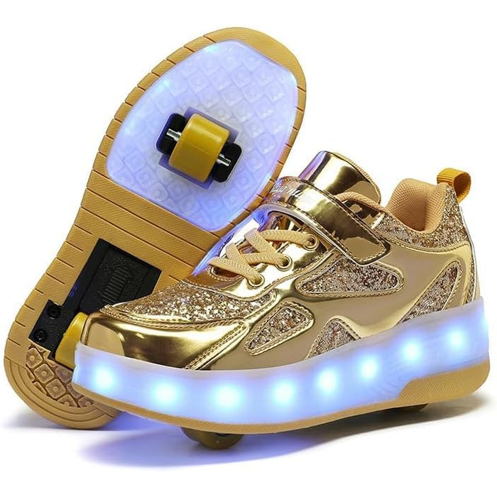 Роликові черевики для дітей з LED-підсвіткою, білі, регульовані, для занять спортом на відкритому повітрі (35 EU, Gold)