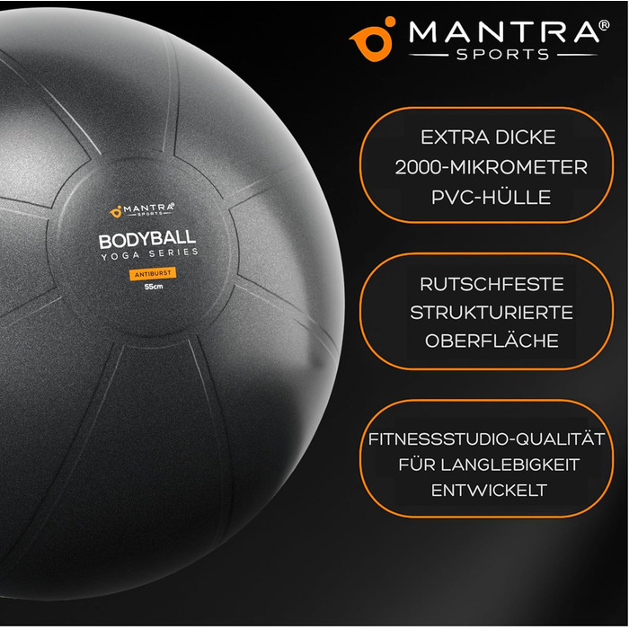 М'яч для фітнесу MANTRA SPORTS – фітбол для занять йогою, пілатесом, офісу та спини, баланс-м'яч для вагітних, розмір L (1,61 м – 1,78 м), чорний