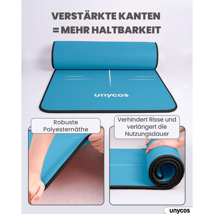 Килимок для йоги Unycos з неслизькою поверхнею | Висока щільність 6/10/15 мм, тренувальний килимок для гімнастики з ременем для перенесення, з електронною книгою. Дружній до шкіри фітнес-килимок для пілатесу, тренувань, спортзалу (#21 Синій + Чорний, 183*