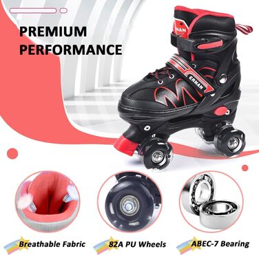 Дитячі ролики ERNAN з регулюванням, світлодіодні, для дівчаток та хлопчиків, підходять для початківців, 4 розміри, RED S