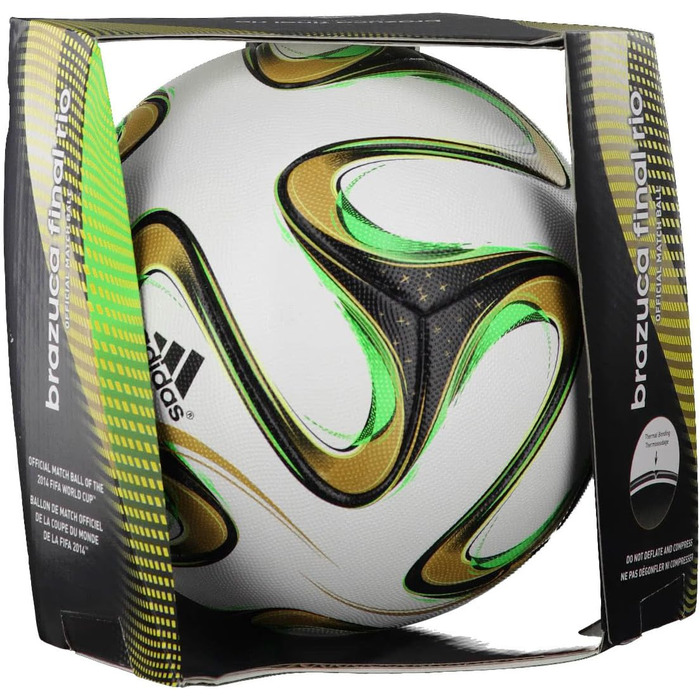 Футбольний м'яч adidas Brazuca Finale Rio 2014, білий/чорний/золотий/зелений, розмір 5