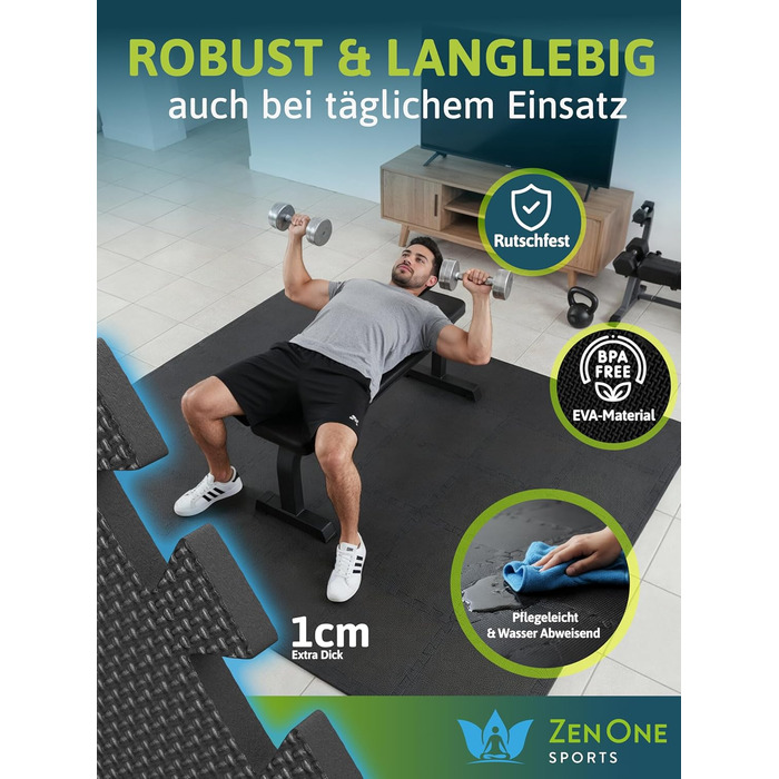 Пазл-килимок для фітнесу ZenOne Sports® 30x30x1 см (18 шт., 1.5 м²) - захисний килимок для тренажерів, чорний