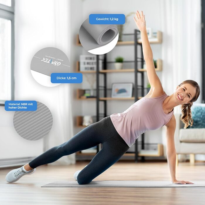 Килимок для фітнесу Gymtek 180x61 см, NBR 1,5 см, сірий, для йоги, пілатесу, аеробіки, з ременем для перенесення