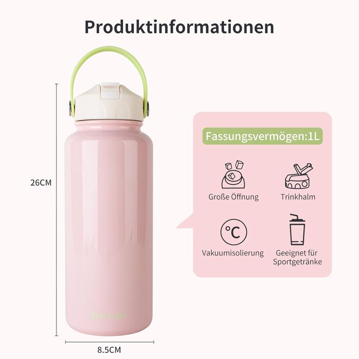 Термос-бутилка Blackube з нержавіючої сталі 1 л з трубочкою, BPA Free, герметична, металева пляшка для води