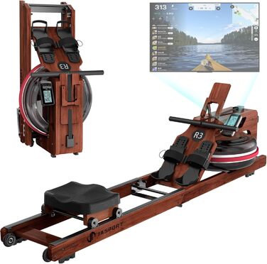 Гребний тренажер JASPORT R3 з дуба, складаний, Bluetooth LCD, сумісний з Kinomap, бак 28 л, до 150 кг, ергономічне сидіння, тримач для планшета