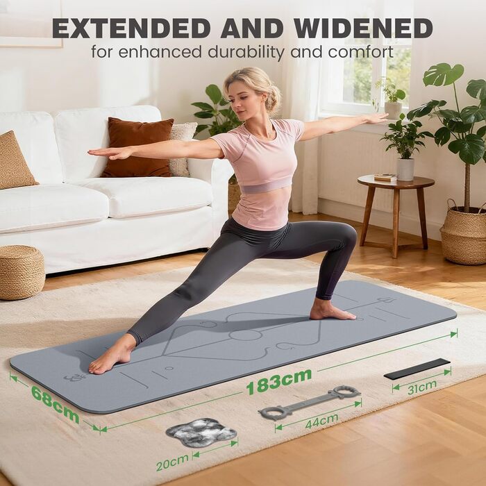 Йога мат Soontrans 8 мм, TPE, 183x68 см (сірий) - з гумками, килимком для колін та фітнес аксесуарами