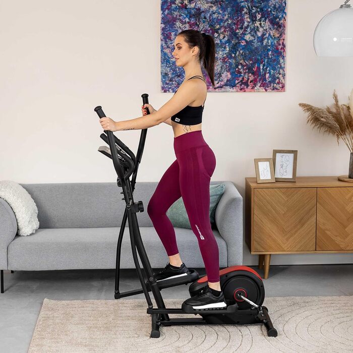 Еліптичний тренажер Hop-Sport HS-2050C з LCD-дисплеєм та вимірюванням пульсу, тихий тренажер для дому, магнітна система гальмування та транспортні ролики, червоний