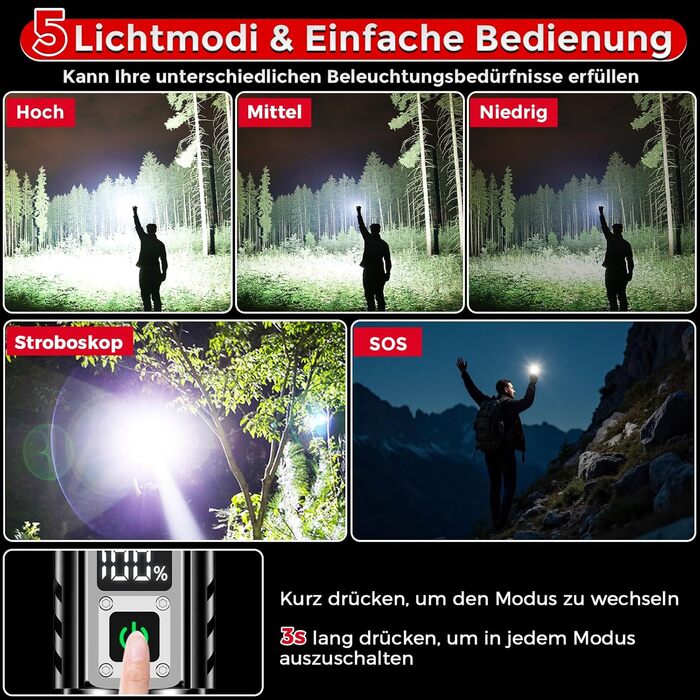 Тактичний ліхтарик Shadowhawk 500000 Lumen з LED, перезарядний, дальність до 1000м, 24г роботи (2 акумулятори), LCD-індикатор заряду, 10.0 Вт, для кемпінгу, туризму, активного відпочинку