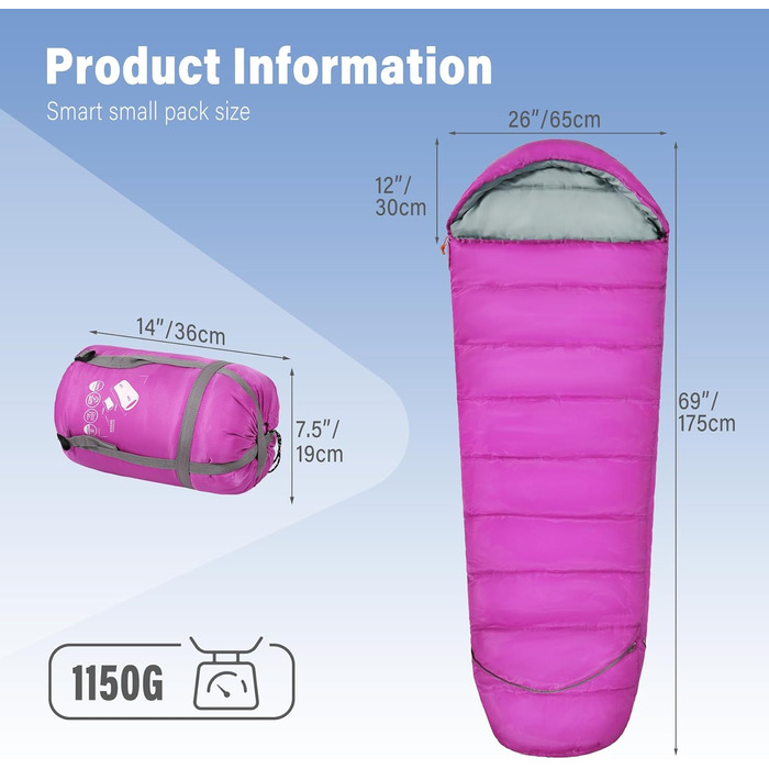 Сплячий мішок для дітей REDCAMP 175x65 см, рожевий. Теплий, зручний, регульований, для кемпінгу та відпочинку на природі. 3-сезонний