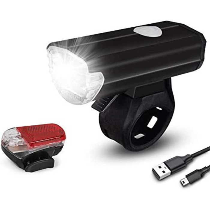 Набір переднього та заднього велоліхтаря, USB-зарядка, сертифікат StVZO, 2 режими освітлення, водонепроникність IPX4, для дітей та дорослих, чорний
