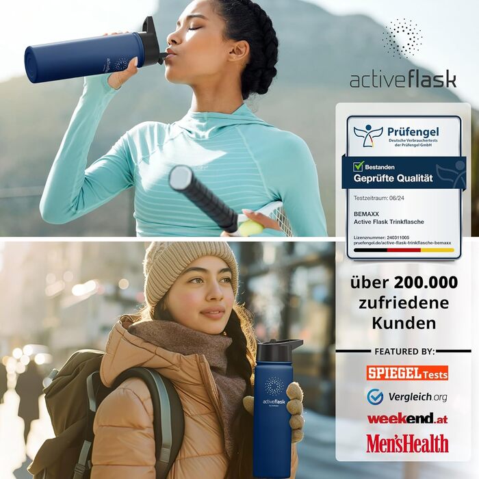 Фляга ACTIVE FLASK з нержавіючої сталі з трубочкою (3 кришки), BPA-free, не протікає, підходить для газованої води - спортивна пляшка, термопляшка, ізотермічна пляшка для води, дитяча пляшка для чаю (680 мл, темно-синій)