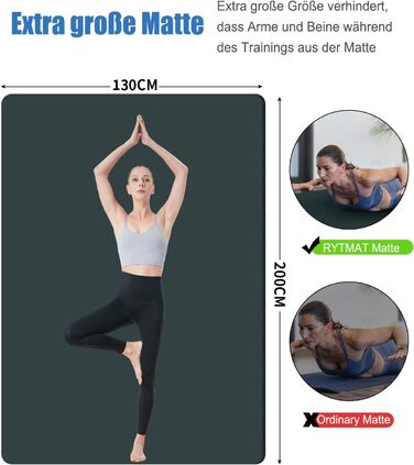 Йога мат XXL 200x130 см: фітнес мат для йоги, тренувань, занять з дітьми та фітнесу для літніх людей. Товщина 20/15/10 мм, матеріал NBR, зелений колір.