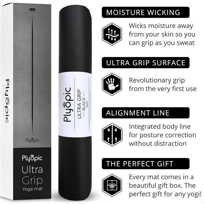 Килимок для йоги Plyopic Ultra-Grip Pro – нековзкий, комфортний, стійкий до поту, з розміткою. Підходить для йоги, джоги, пілатесу, бікрам-йоги та хот-йоги. Чорний колір (Midline)