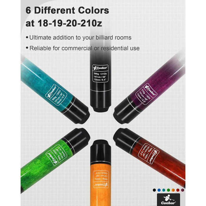 Набір київ для більярду CUEBAR 6 шт. (Lila, Rot, Grün, Blaugrün, Blau, Schwarz), кийки 45.7/50.8 см, 595.3 г, 3D-рукоятка, для чоловіків та жінок