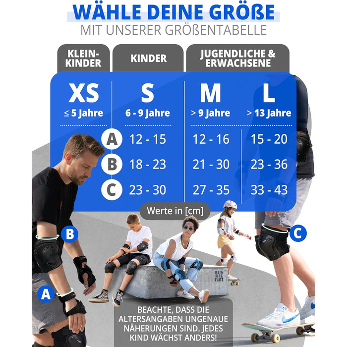 Набір захисту SKATEWIZ 6 шт. для дітей та дорослих: наколінники, налокітники, захист зап'ястя. З сумкою. Protect-1, колір блакитний, розмір XS.