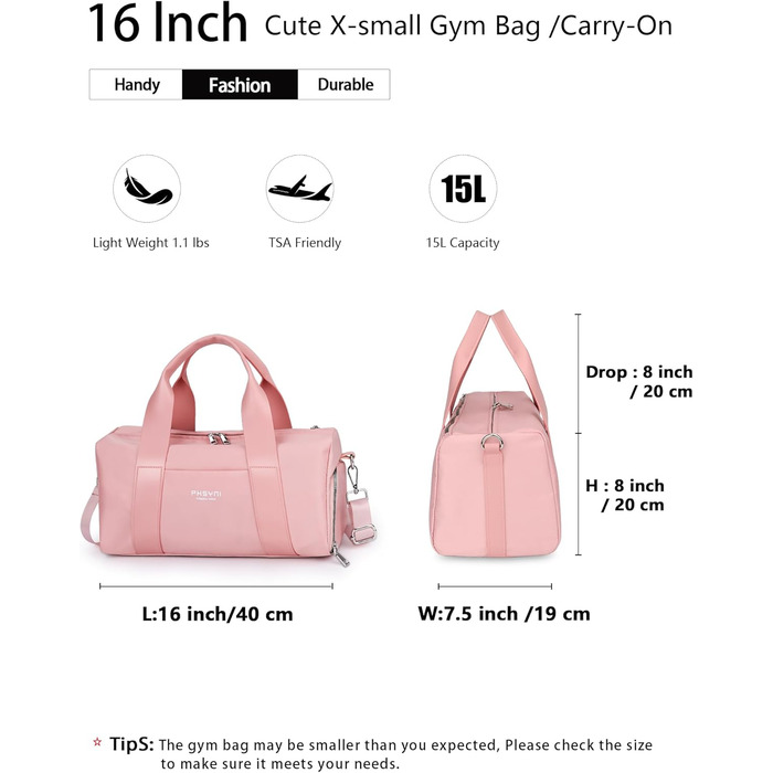 Спортивна сумка 16 дюймів для жінок та дітей з відділенням для взуття та водонепроникним розділенням. Ідеальна для фітнесу, танців, плавання та подорожей (рожева)
