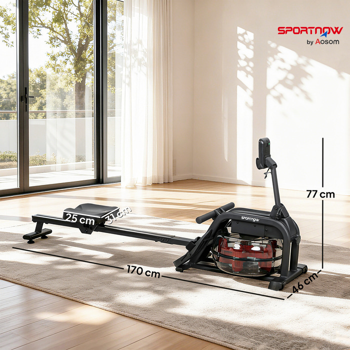 Гребний тренажер для дому з резервуаром для води об'ємом 6-11 л, LCD-дисплеєм, тримачем для телефону, максимальною вагою користувача 135 кг, сталевий каркас, чорний колір