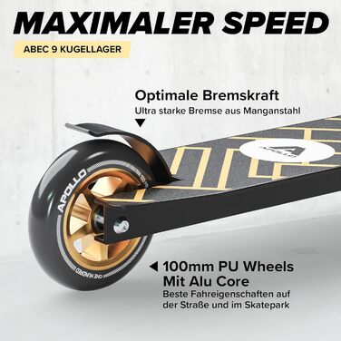 Скутер Apollo Genius Pro 4.0: міцний дитячий трюковий скутер для стрибків та катання містом | ABEC 9 підшипники, чорний/золотий
