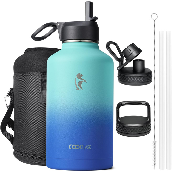 Ізольована пляшка для води Coolflask 2L з трубочкою та 3 кришками, з нержавіючої сталі, для спорту та офісу, подвійне вакуумне покриття, без витоку