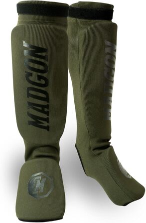 Набір захисних щитків для ніг MADGON (оливковий/чорний) L - для MMA, кікбоксингу, бойових мистецтв. 1 пара + мішок