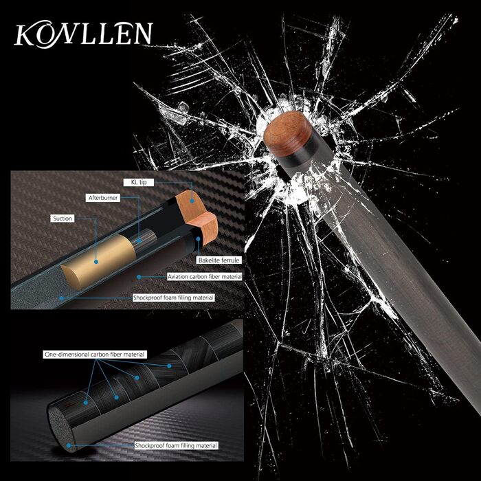 KONLLEN Billardqueue з карбону, 58 дюймів: професійний більярдний кий для дорослих, повна карбонова технологія, низький коефіцієнт відхилення, наконечник 12.5 мм (Pro Taper, ультрагладкий) AING-1F