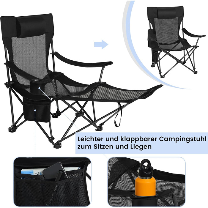 Складний стілець для кемпінгу eSituro, риболовний стілець, стілець для відпочинку на природі з підставкою для ніг та тримачем для напоїв, пляжний стілець з регульованою спинкою (Чорний)