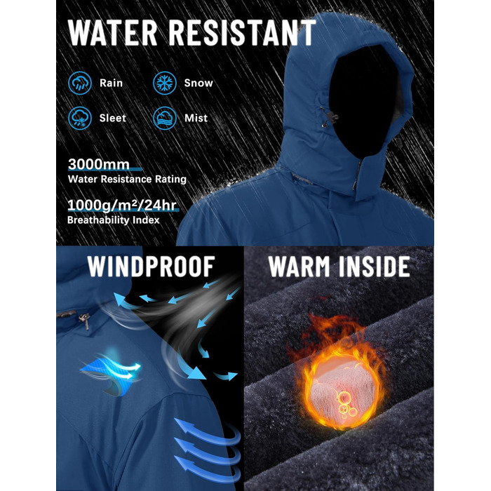TACVASEN Куртка зимова чоловіча водонепроникна тепла флісова підкладка софтшелл дихаюча функціональна куртка з відстібаною капюшоном XL темно-синій
